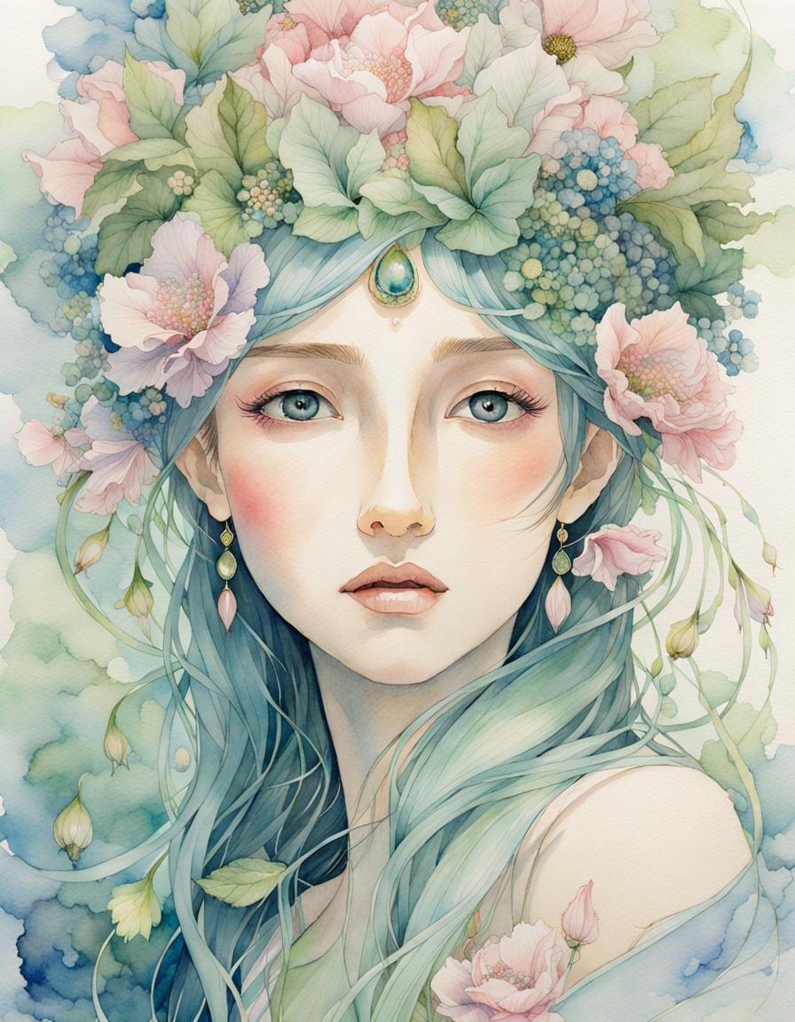 Watercolor Elf Portrait with Flower Crown
