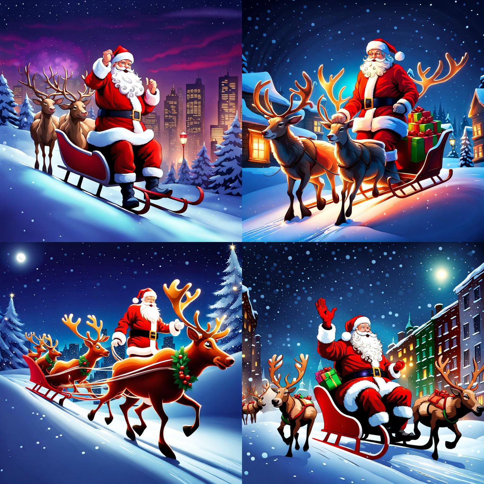 Santa Claus Delivers Gifts on Snowy Night