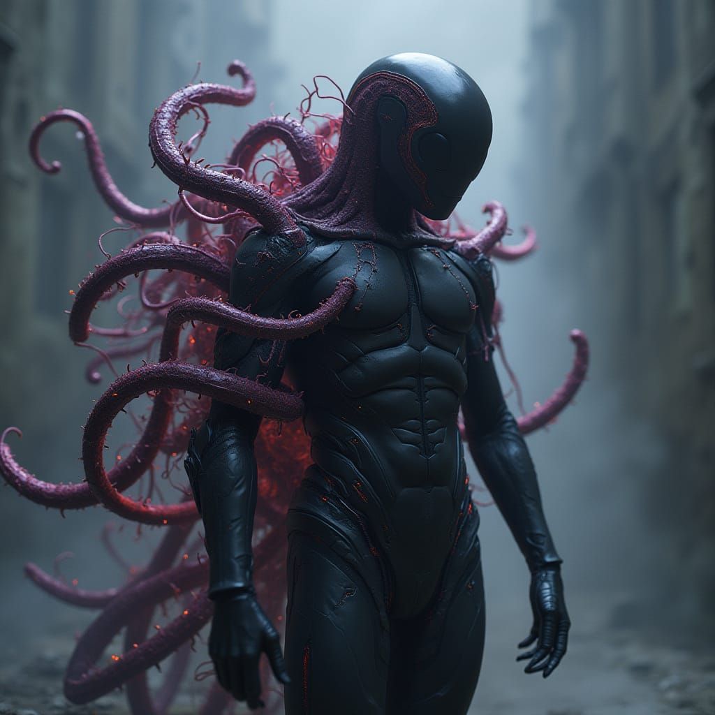 Biomechanical Symbiote Host in Neon Dreamscape