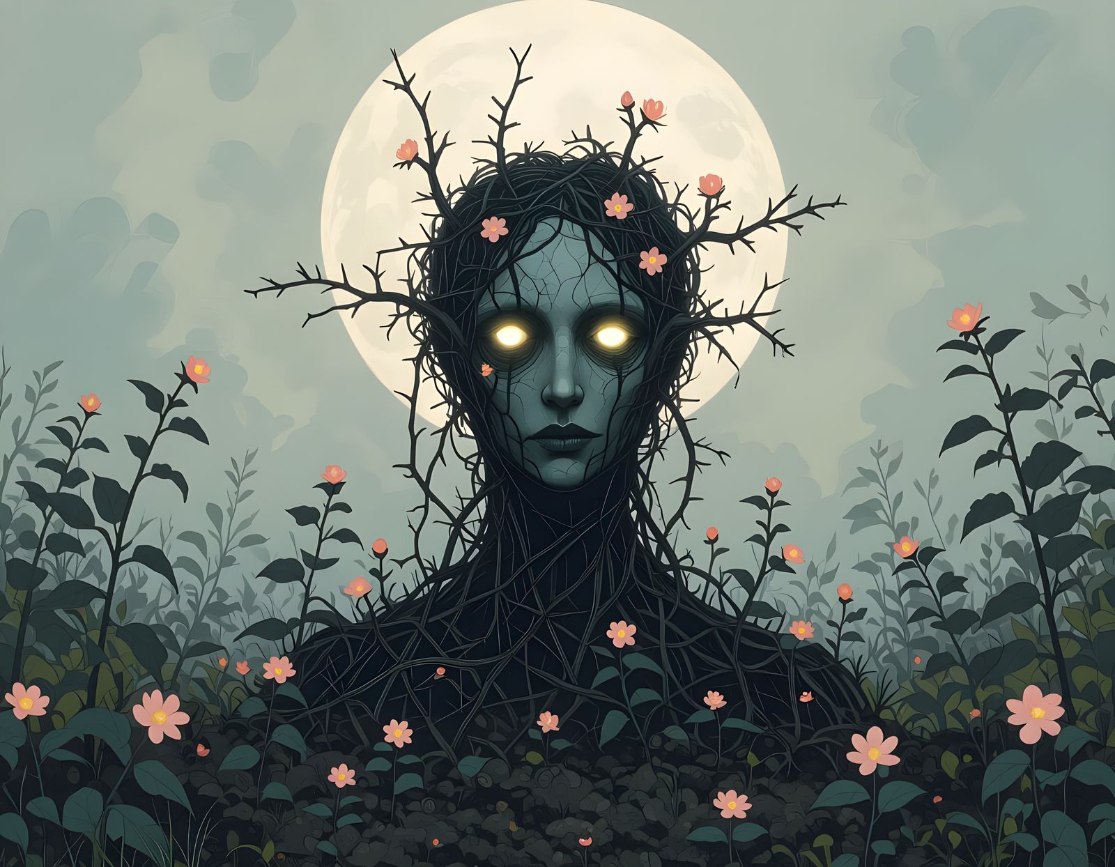 Spectral Vine Figure in Moonlit Gothic Garden