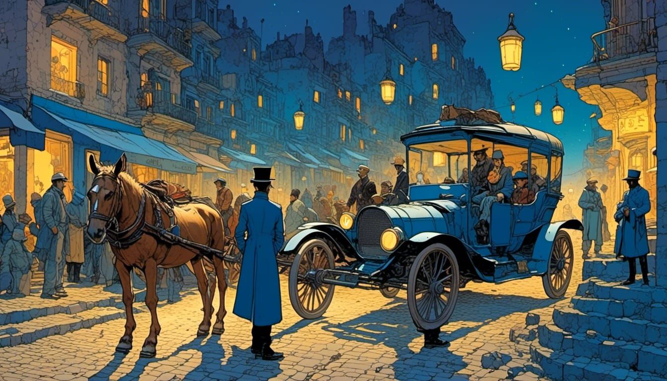 Moebius-Inspired Street Scene with Futuristic Car