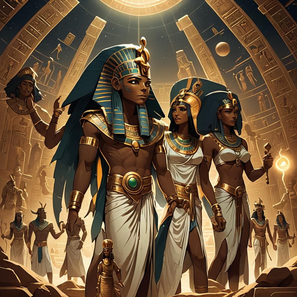 Birth of Egyptian Gods in Ancient Art Style