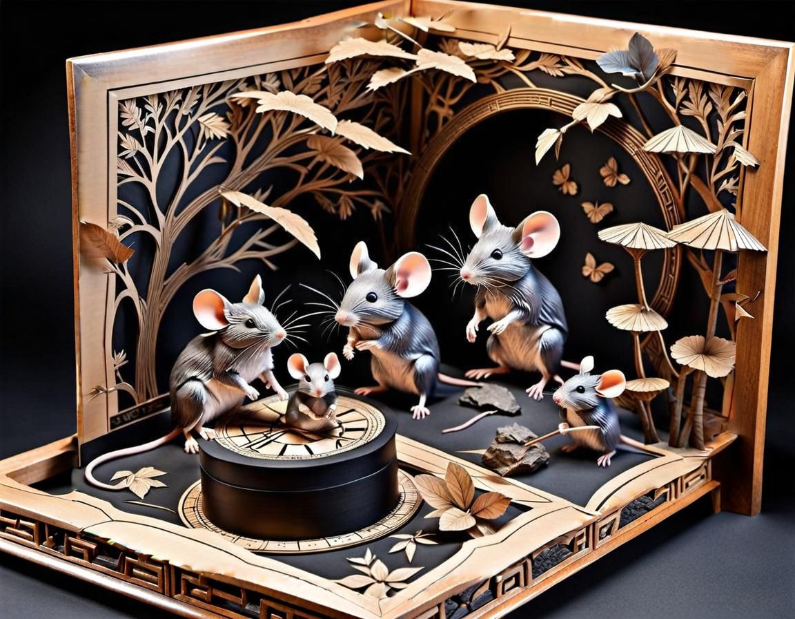 Whimsical Woodcarved Yakasugi Diorama of a Mouse Family