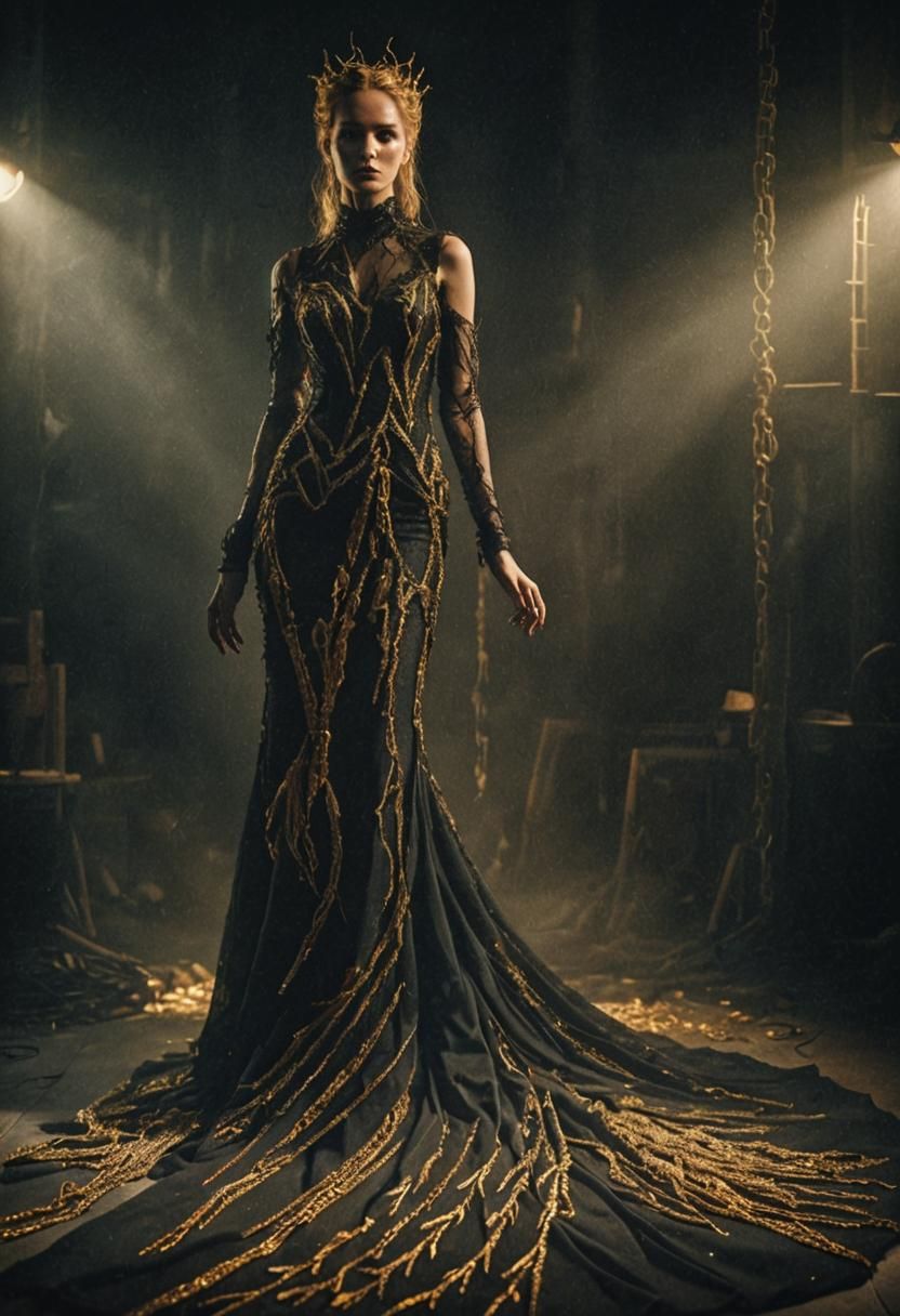 Dark Fantasy Mannequin in Black Gown with Gold Accents