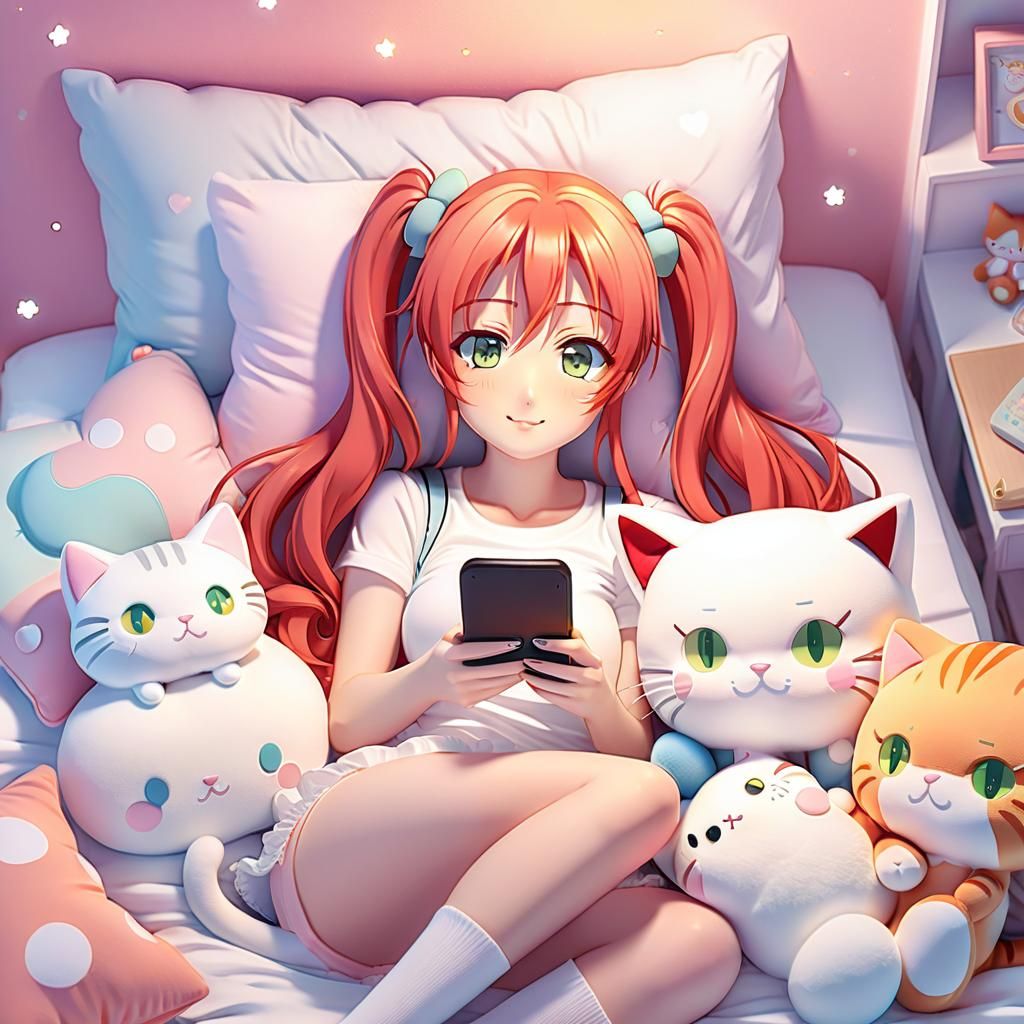 Pastel Anime Girl with Plushies in Bed
