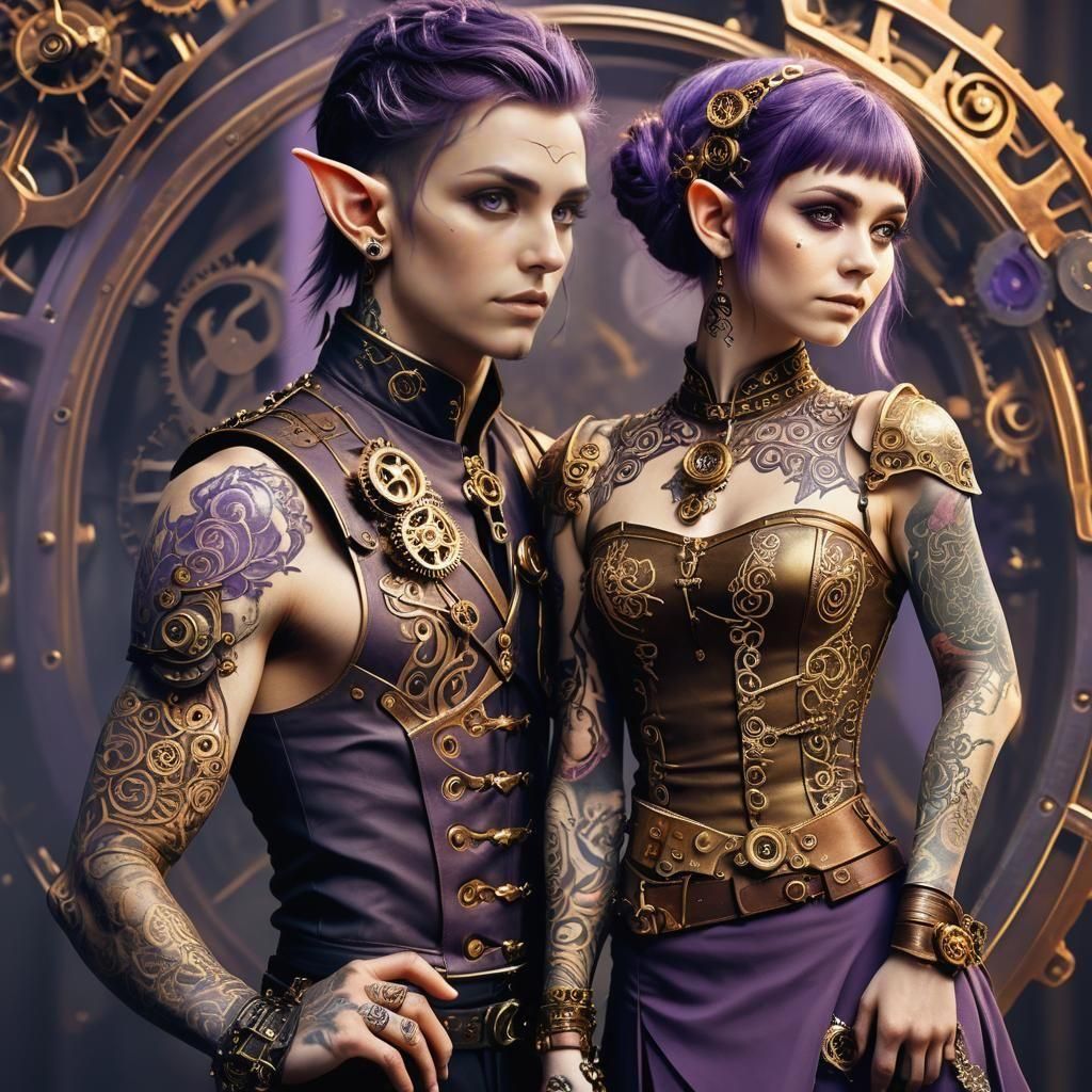 Steampunk Elf Couple Portrait in Gothic Style