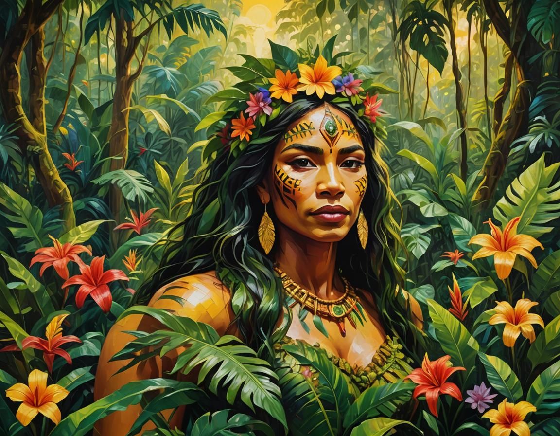 Jungle Queen in Amazon: Vibrant Oil Painting