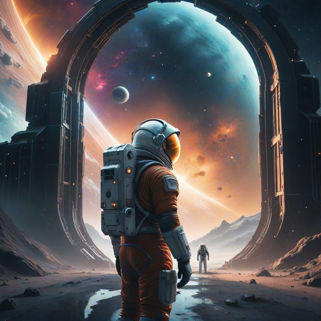 Astronaut Before Cosmic Gateway, Sci-Fi Matte Painting