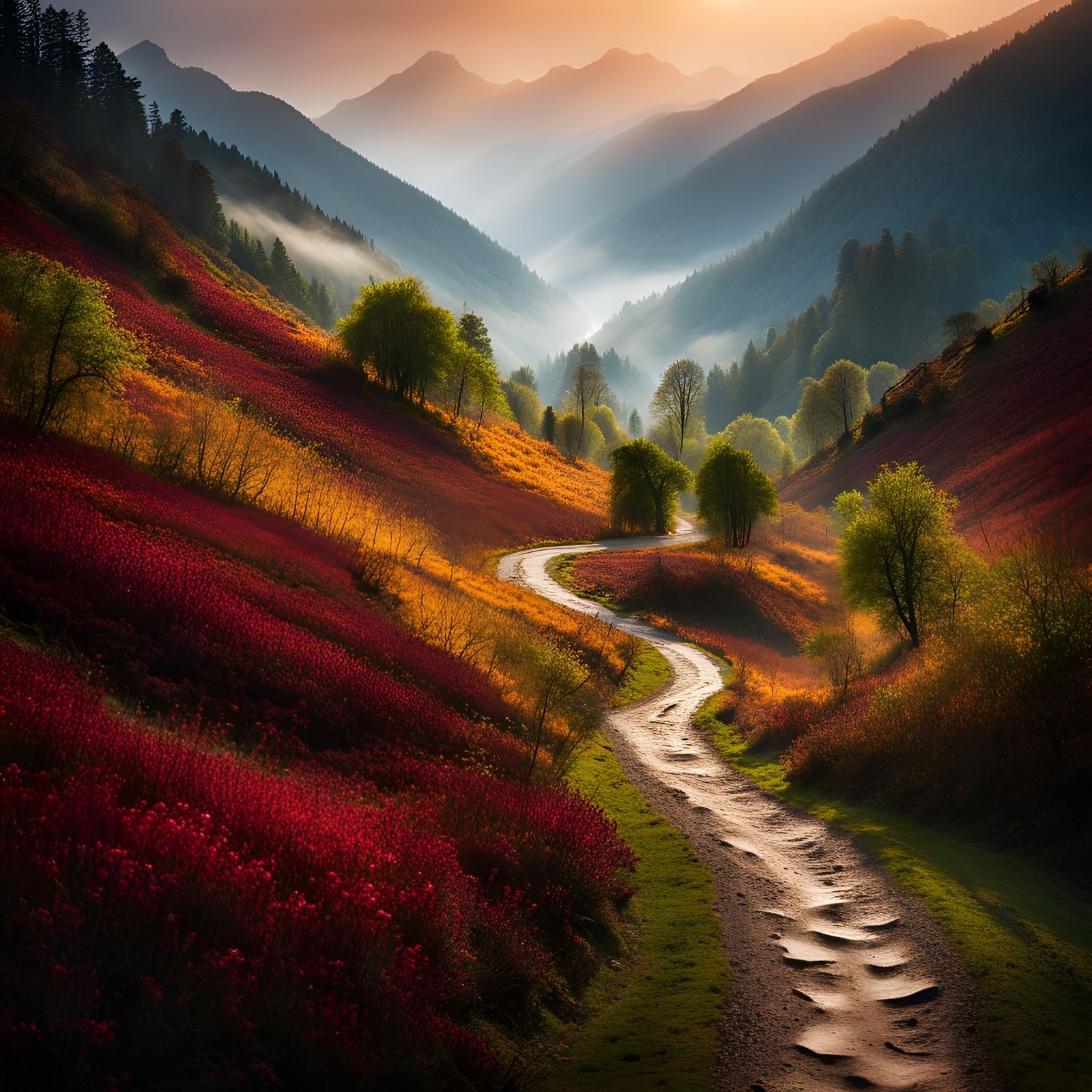 Winding Mountain Path in Mysterious Mist