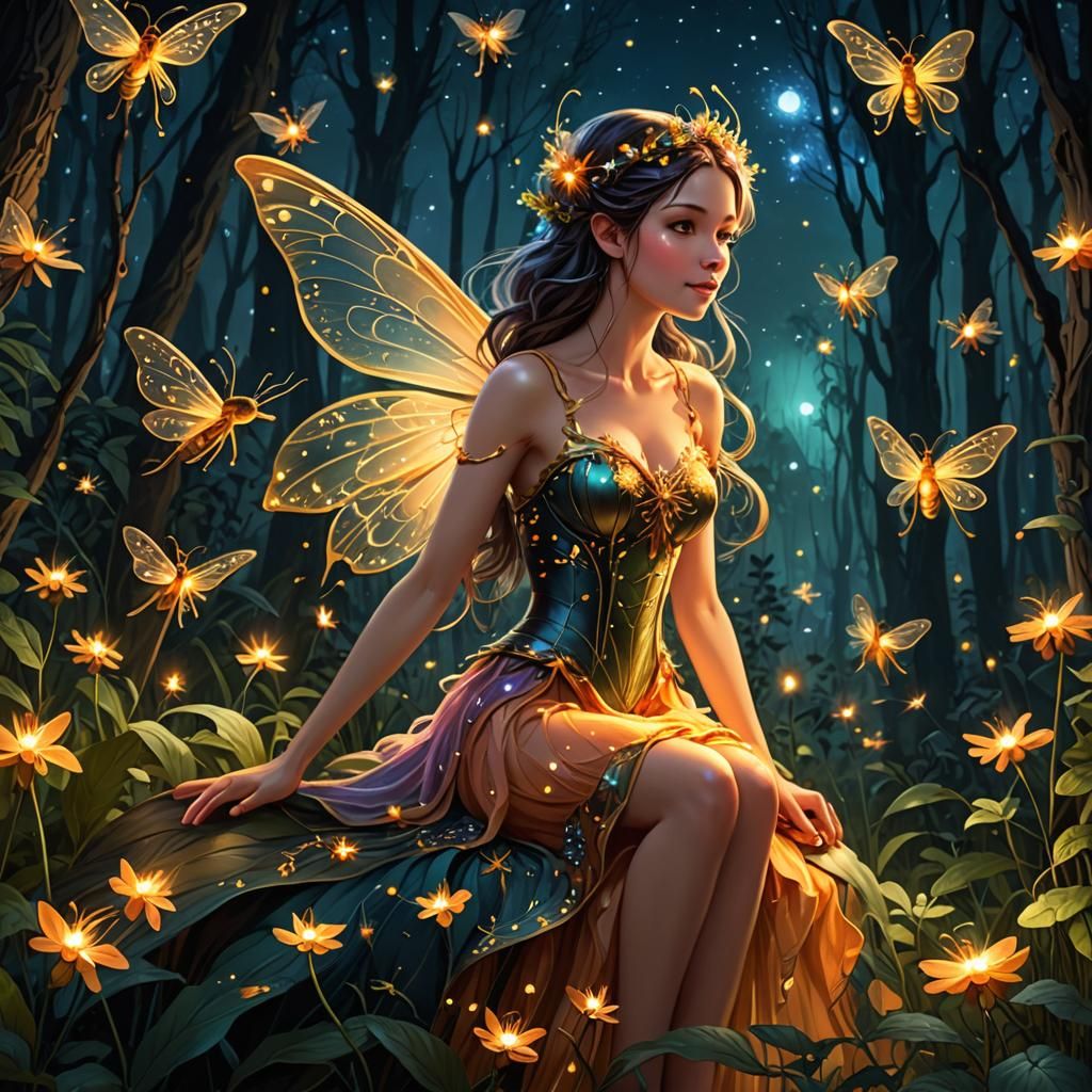 Fairy and Fireflies in Forest at Twilight