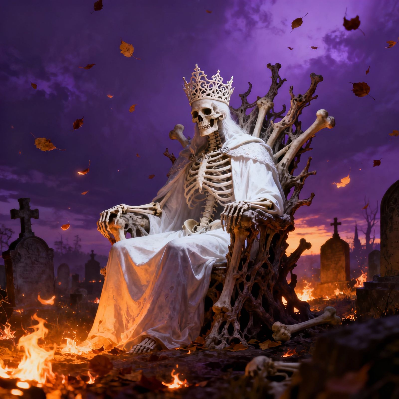Skeleton King on Bone Throne in Twilight Graveyard