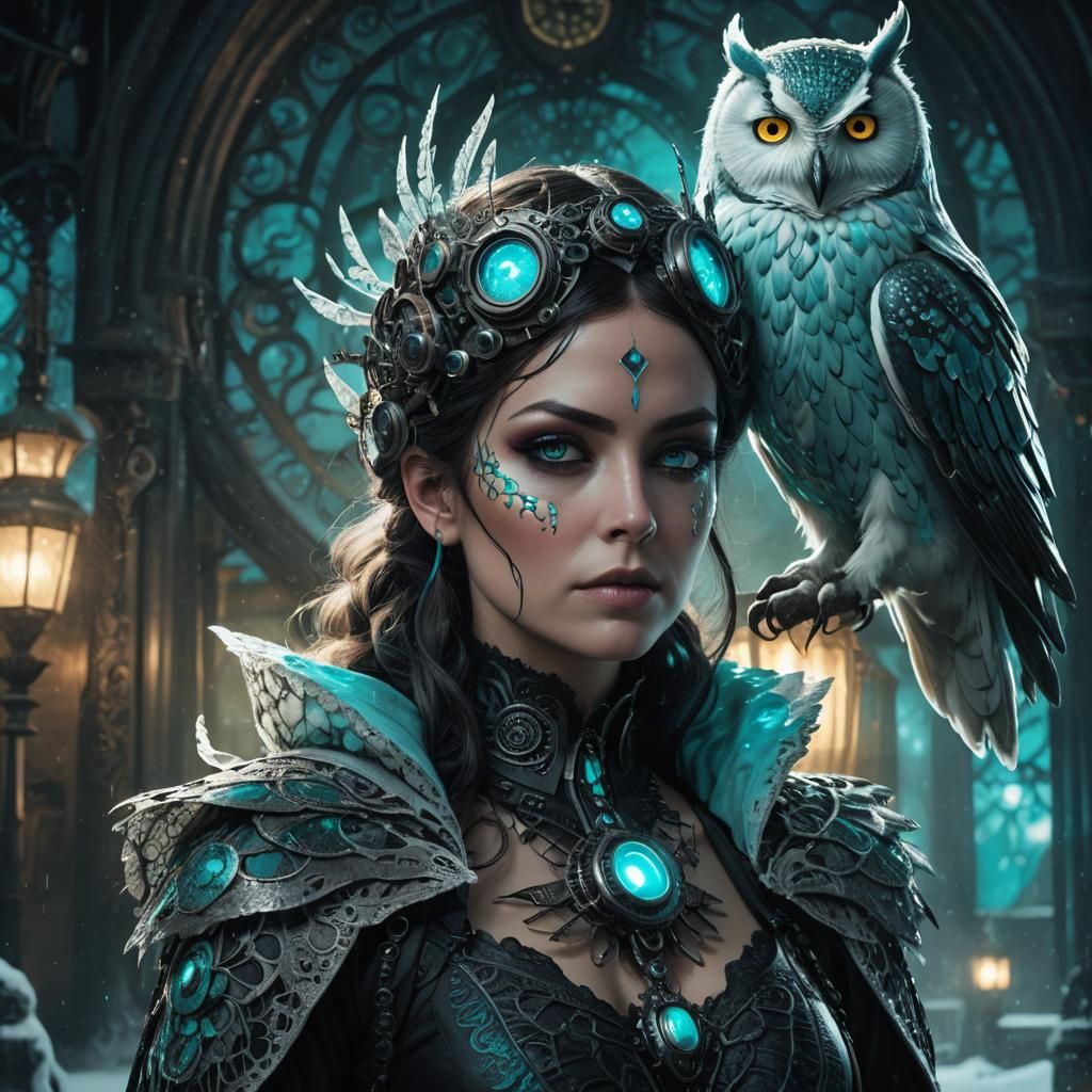 Dark Fairy with Snow Owl in Steampunk Setting