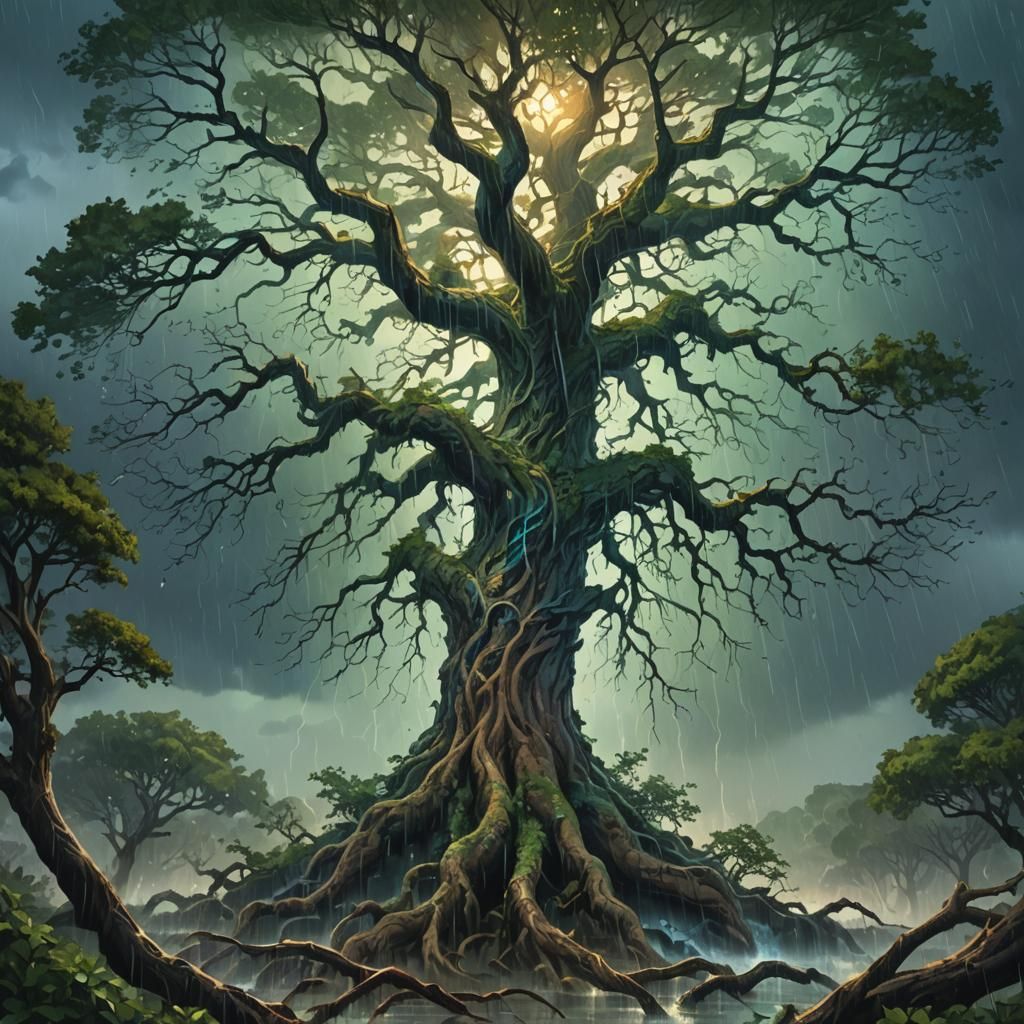 Mighty Tree Endures Turbulent Rainstorm