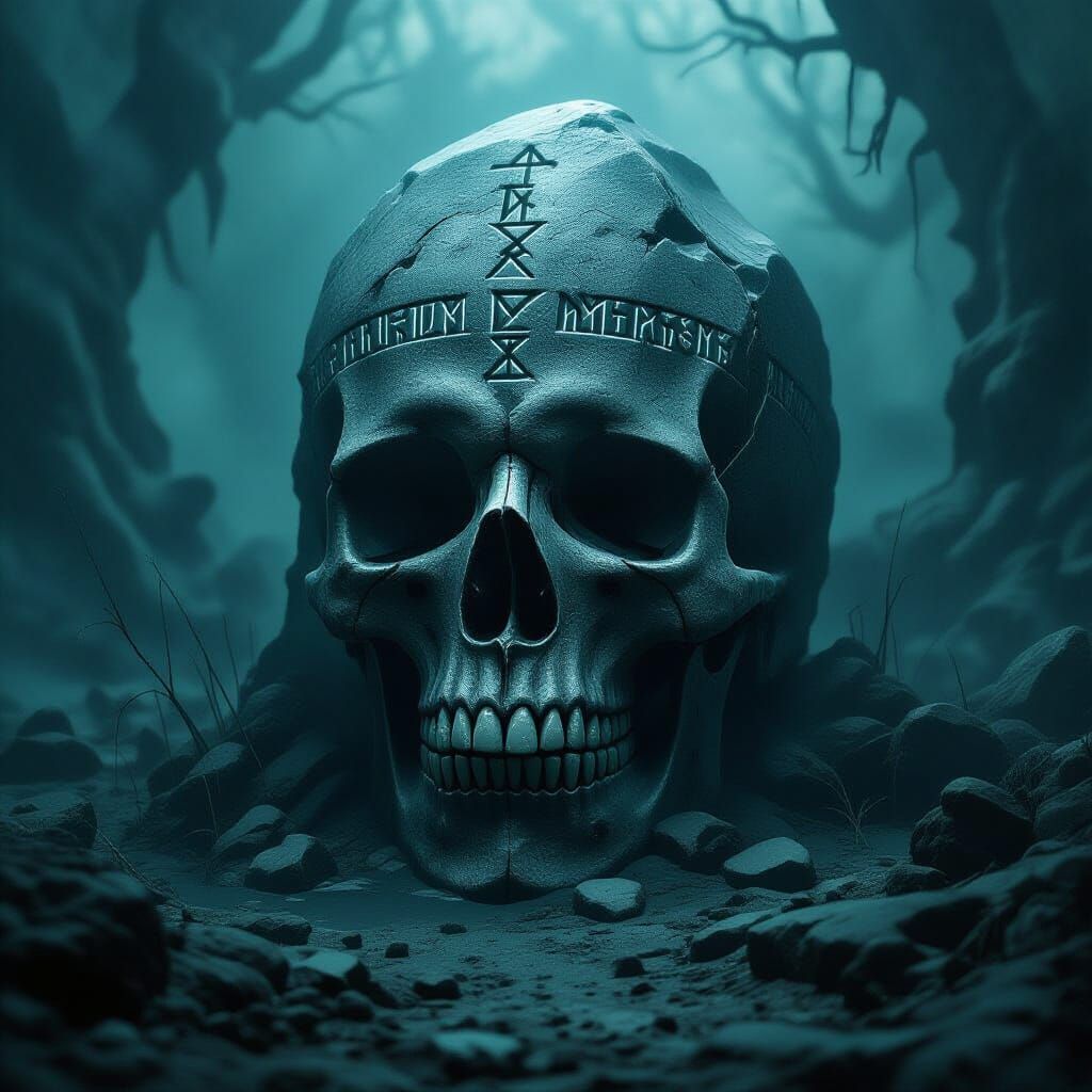 Mystical Skullstone with Ancient Runes in Surrealist Style