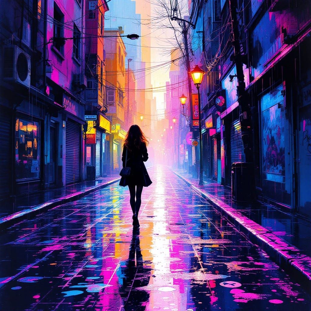 Neon Street Scene in Atmospheric Urban Romanticism