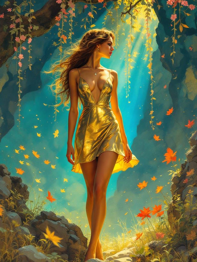 Ethereal Victorian Pin-Up in Golden Sundress