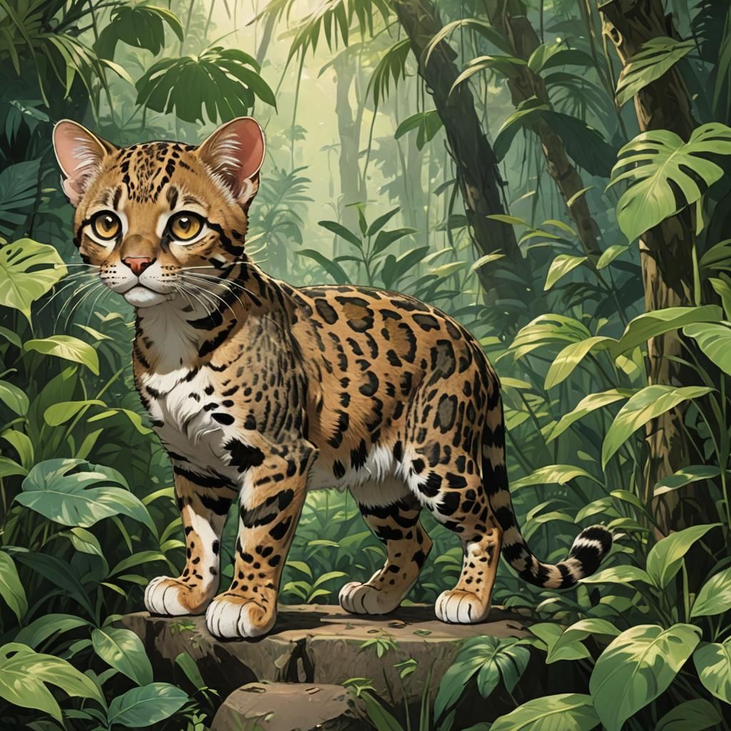 Baby Leopard Cat in Ghibli Anime Jungle