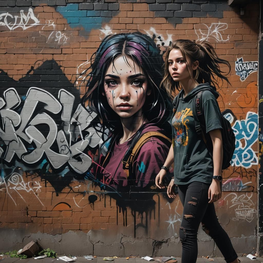 Girl Escaping Graffiti Wall in Banksy Style