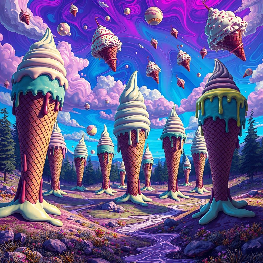 Surreal Ice Cream Landscape in Psychedelic Style