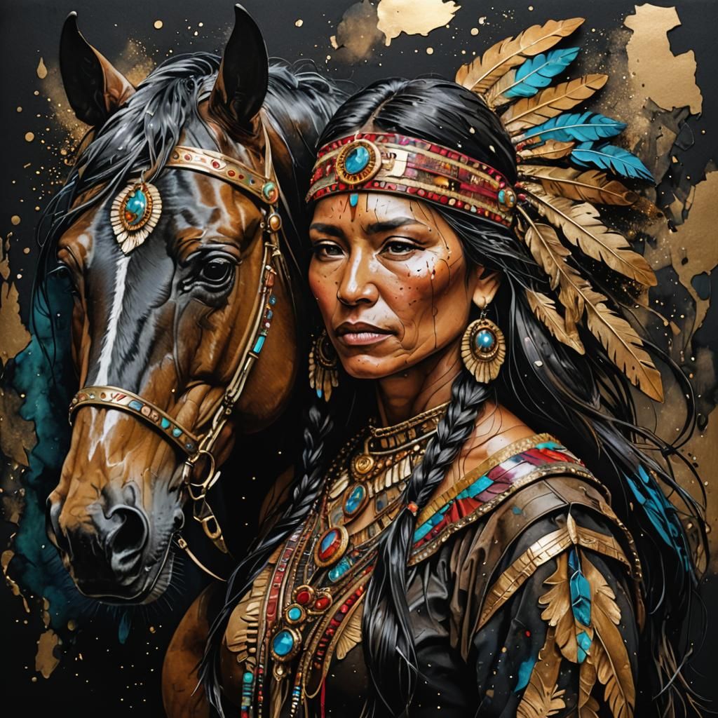 Native American Woman and Horse in Mixed Media Collage