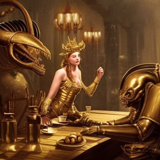 Knight and Alien Enjoying Medieval Tavern Party