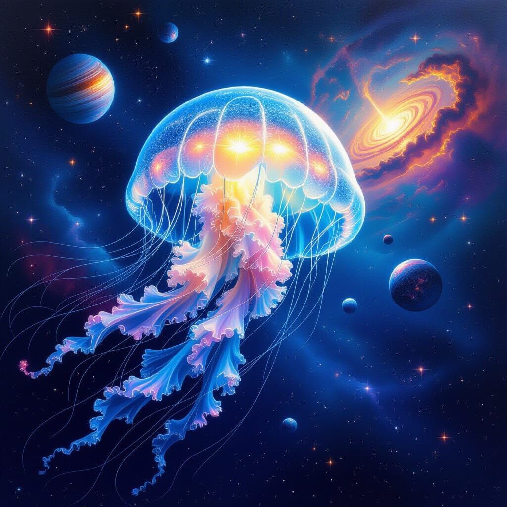 Bioluminescent Jellyfish in Cosmic Ocean