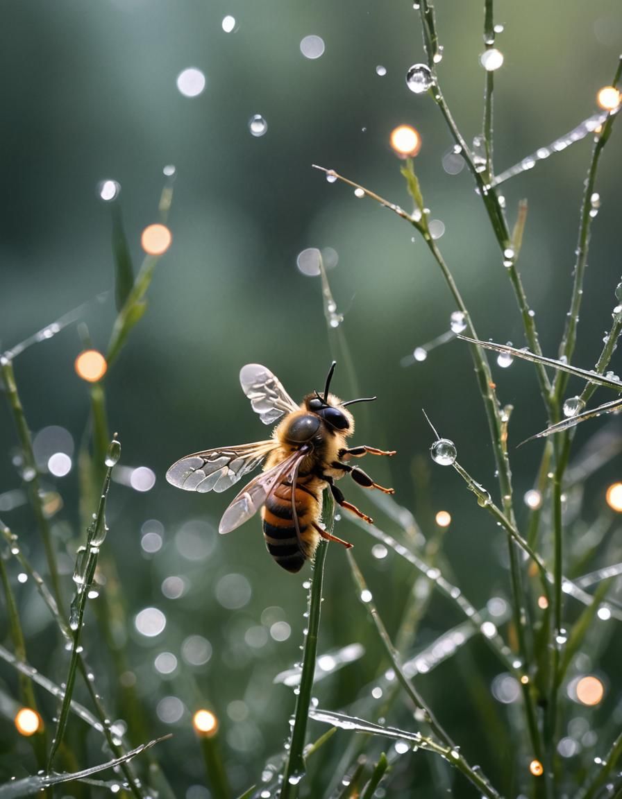 Bee Enters Crystal Honeycomb in Stormy Swamp