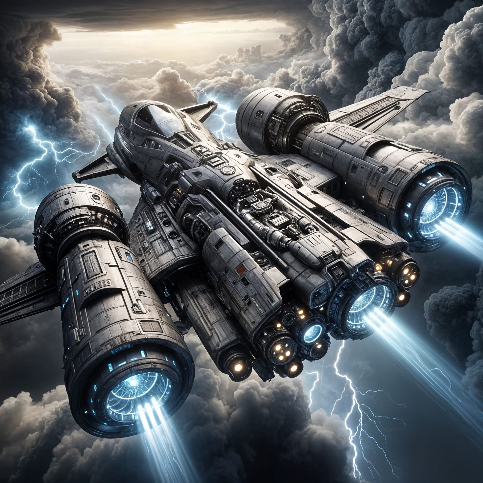 Sleek Futuristic Spaceship Dominates Turbulent Stormy Sky