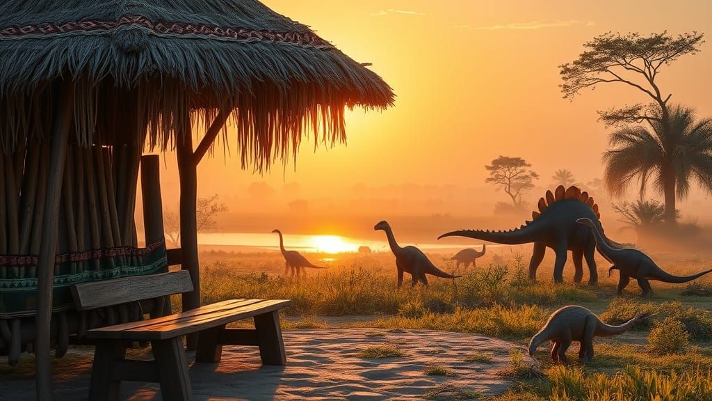 African Savanna Sunrise with Dinosaurs and Thatched Hut