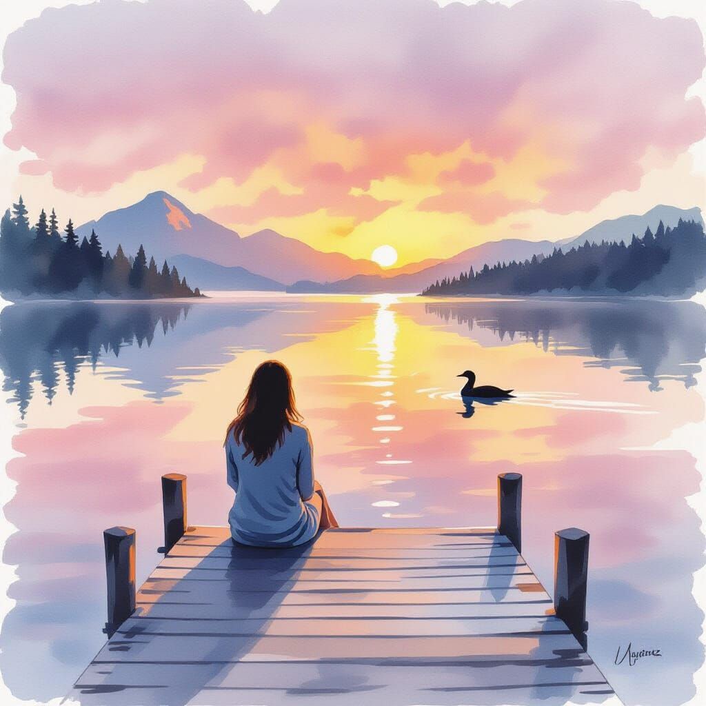 Woman Watching Sunrise Over Mountains in Watercolour Style