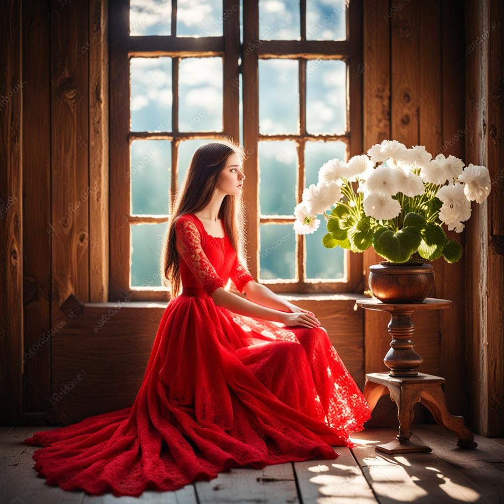 Teenager in Red Dress with Geranium