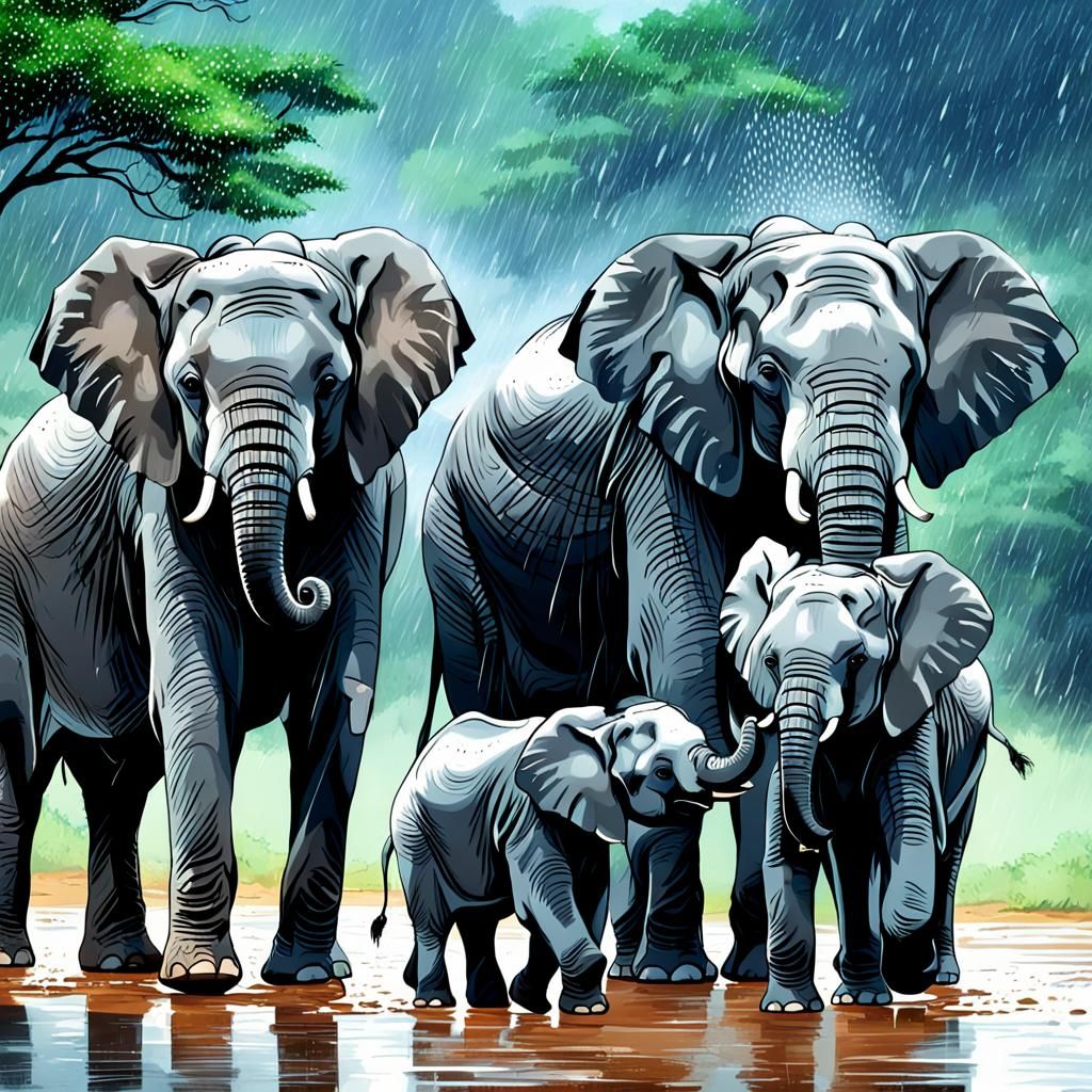 Elephants Playing in the Rain