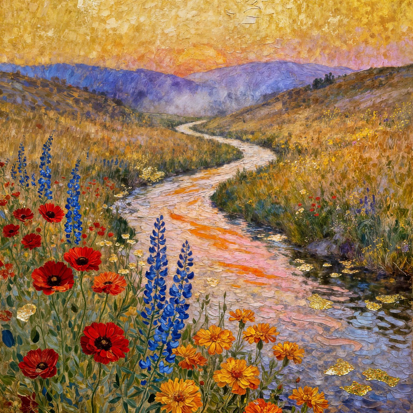 Klimt Style Impasto Valley At Sunset