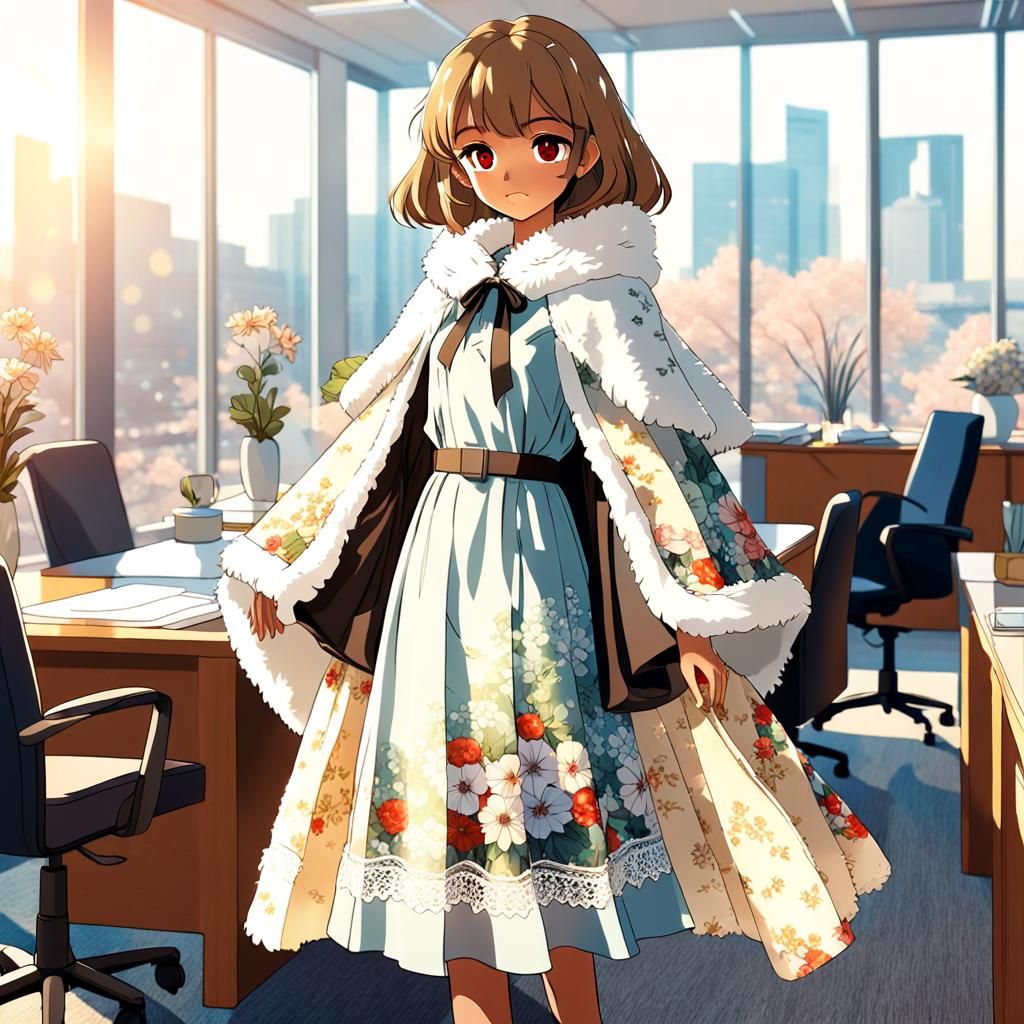 Anime Woman in Floral Dress and Fur Cloak