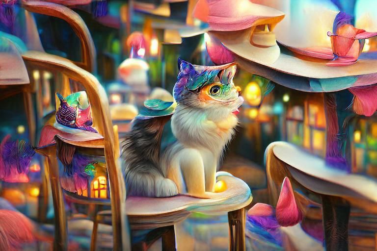 Magic Cat in Cafe at Night: Pixar-Style Illustration