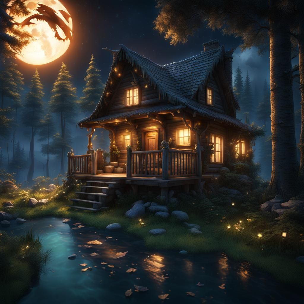 Cabin Home in Majestic Forest: Fantasy Concept Art