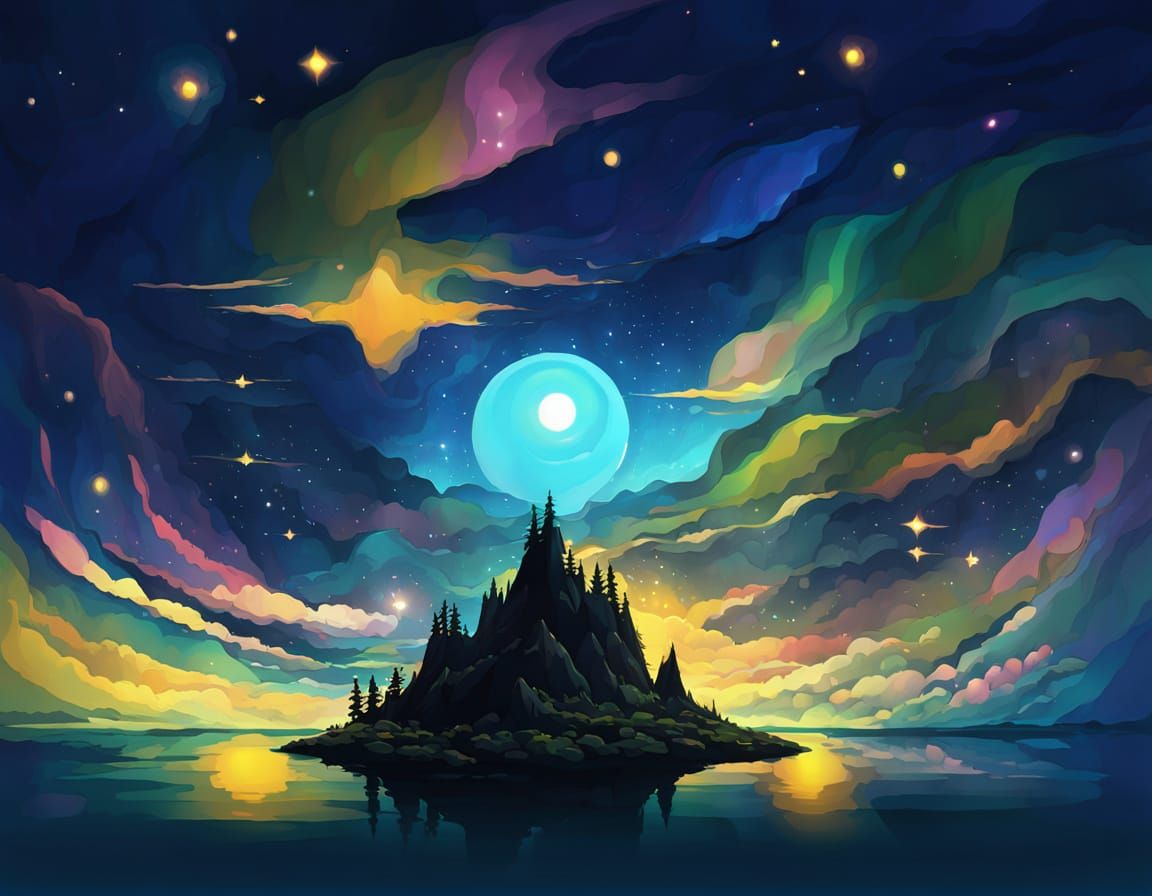 Cosmic Dreamscape: Whimsical Galaxy Over Serene Mountain Lak...