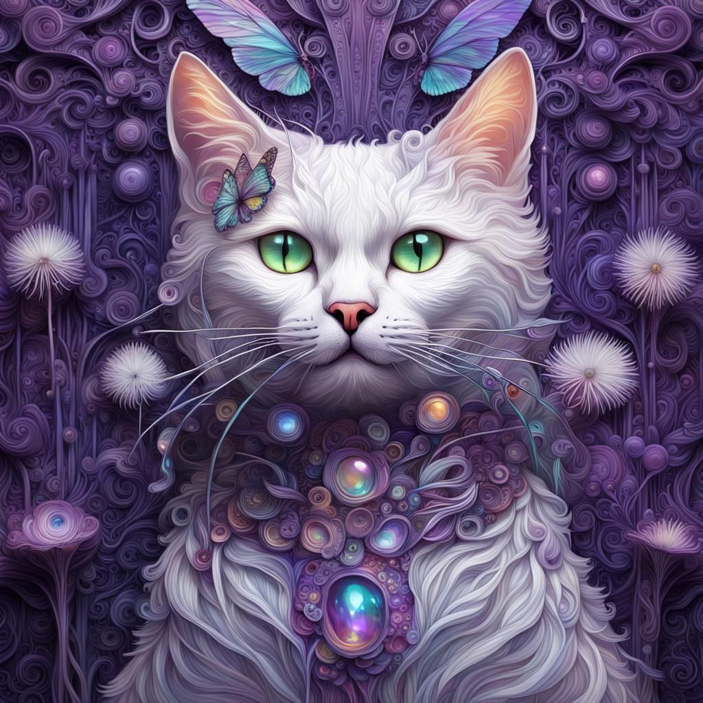 Iridescent Glass Cat with Butterfly, Holographic Art