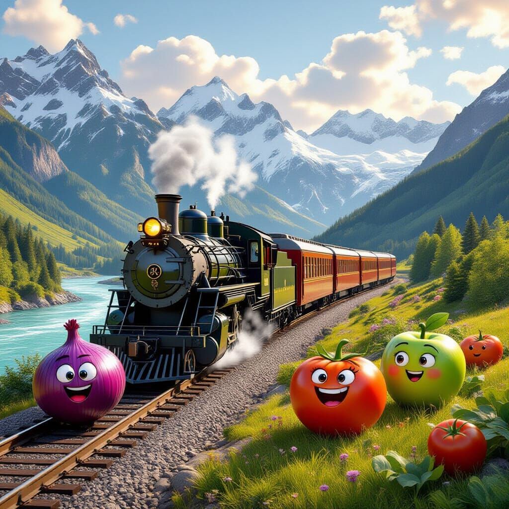 Passenger Train with Animated Vegetables in Dream Landscape