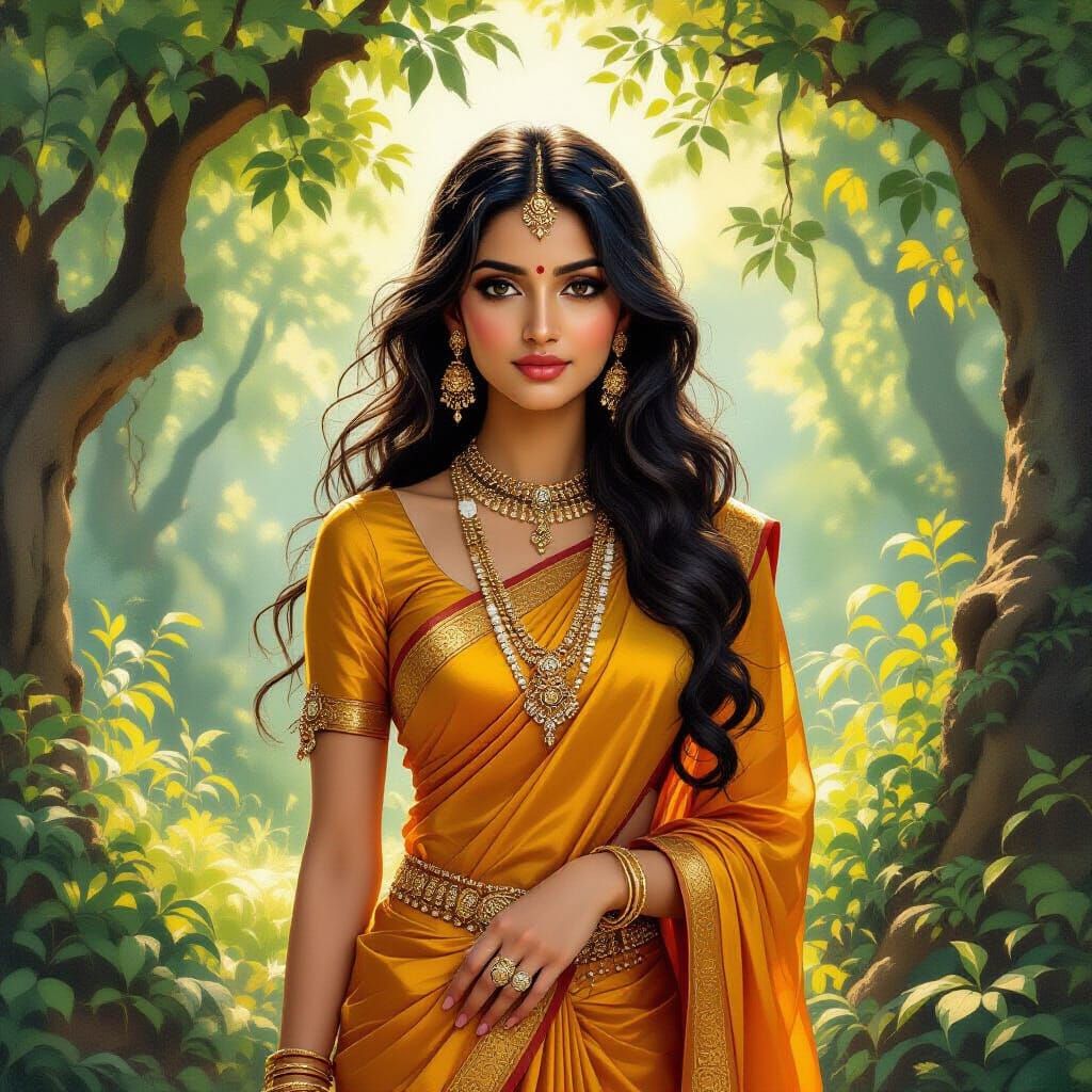 Draupadi Inspired Woman in Saffron Silks