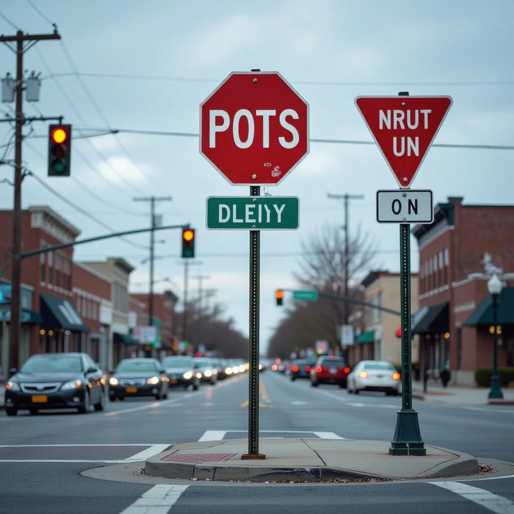 Hyperrealistic Intersection with Backwards Traffic Signs