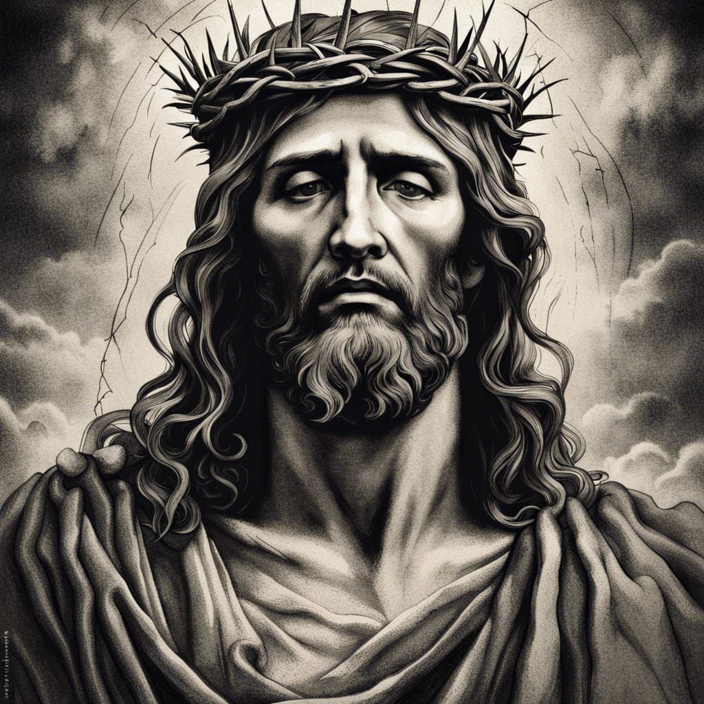 Suffering Christ Portrait in Black and White Ink