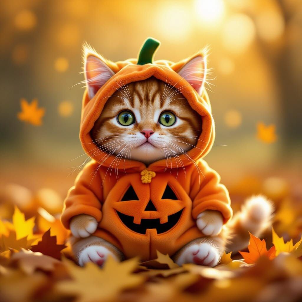Adorable Ginger Cat in Pumpkin Costume Autumn Scene