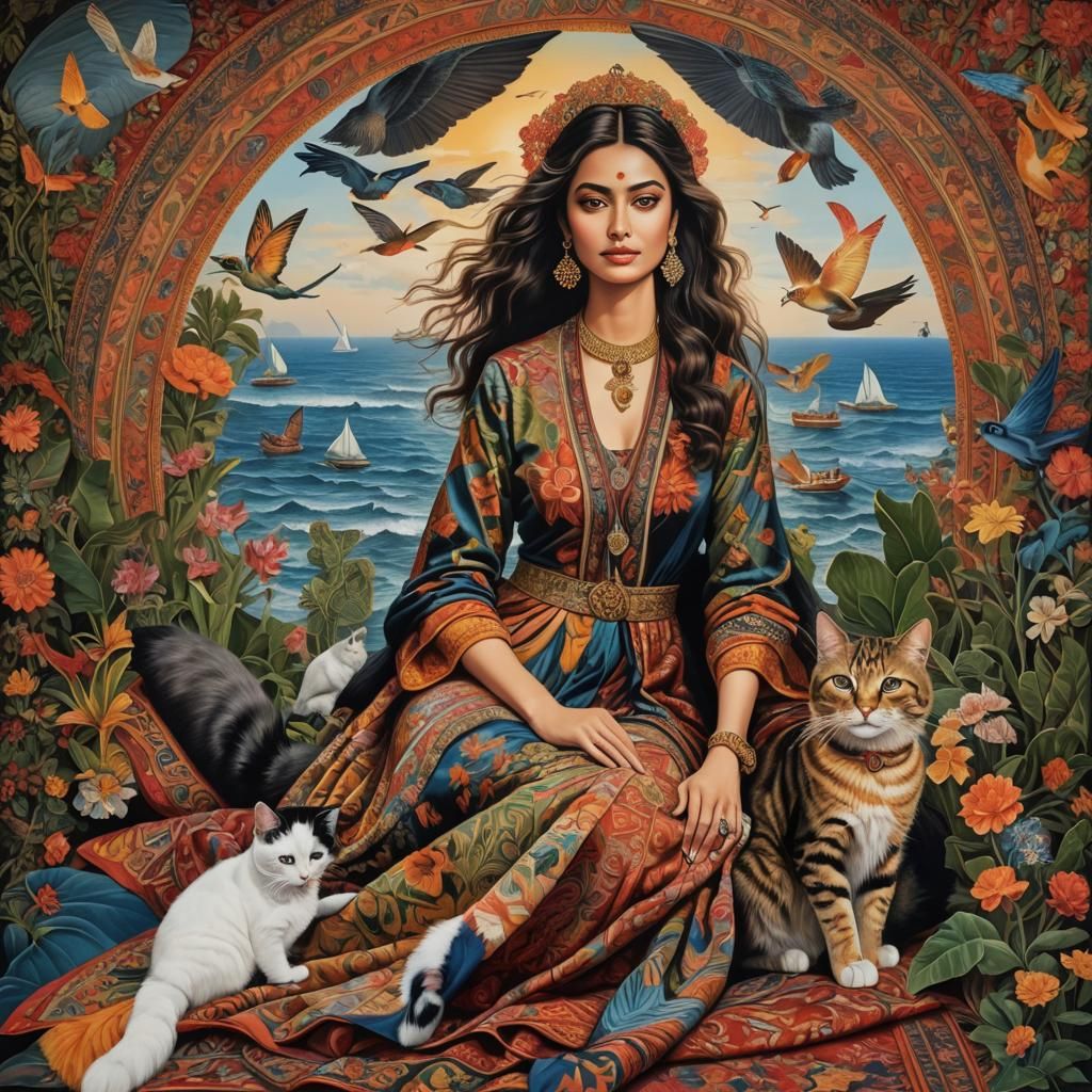 Lady, Cat, and Flying Carpet Near Bombay