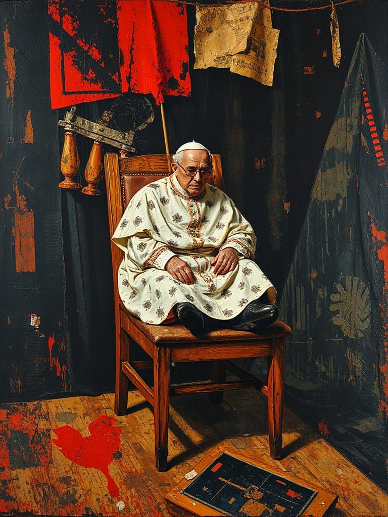 Surreal Pope in Dirty Chair: Maximalist Painting