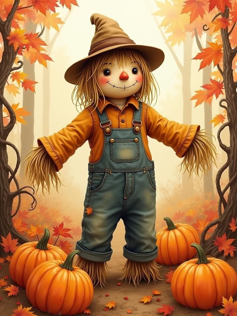 Autumn Scarecrow in Pumpkin Patch, Watercolor Illustration