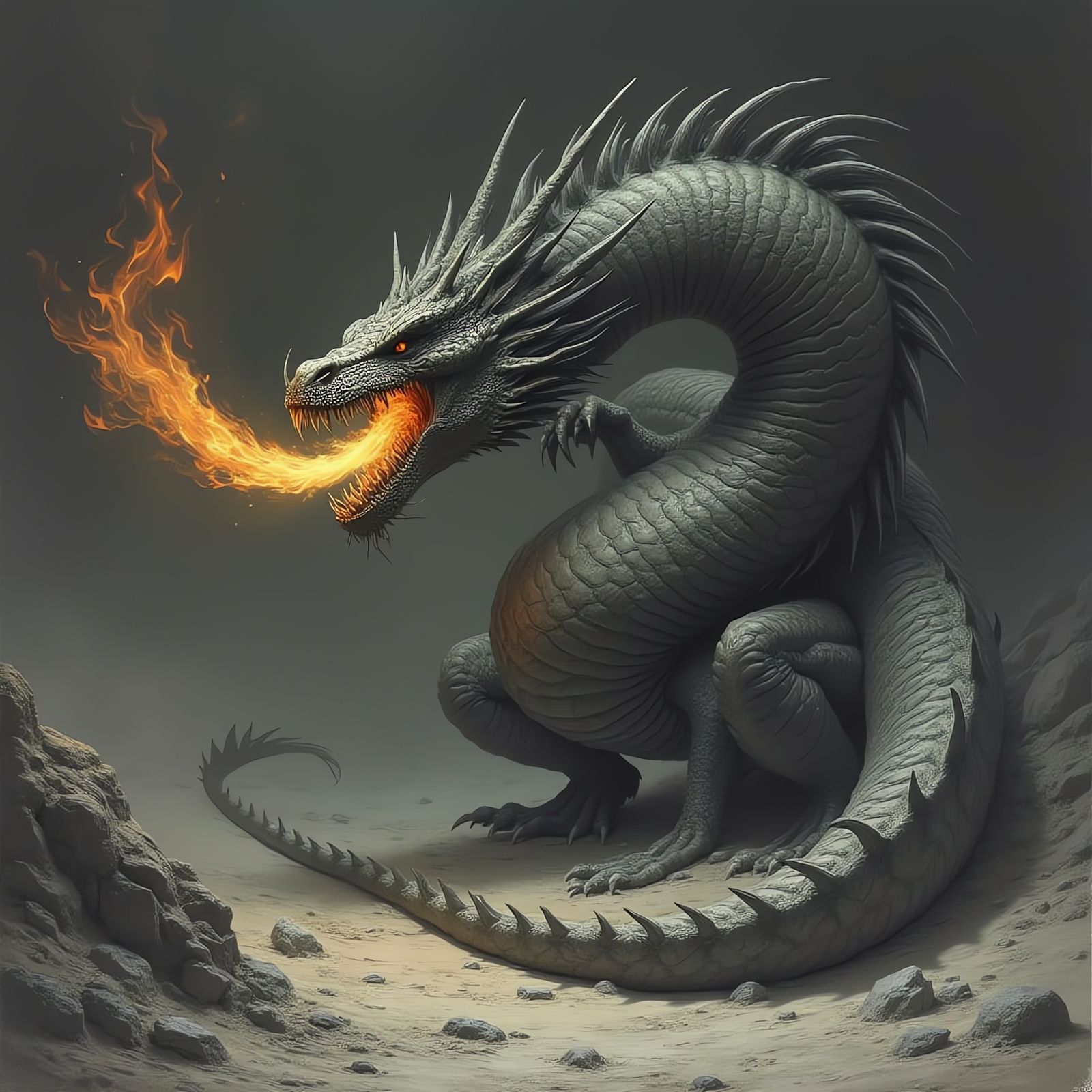 Dragon in Black and White with Fiery Breath
