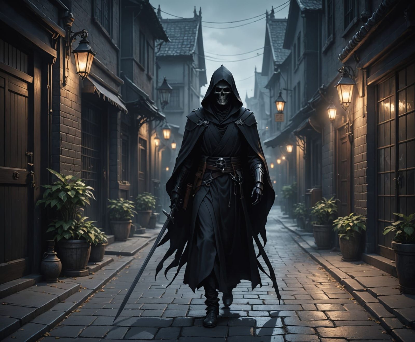 Grim reaper walking down a dimly lite street