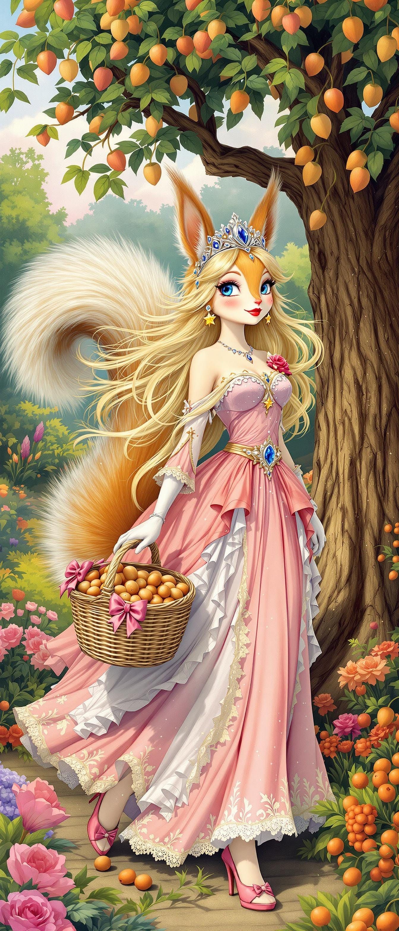 Majestic Squirrel Princess in Lush Garden, Whimsical Art