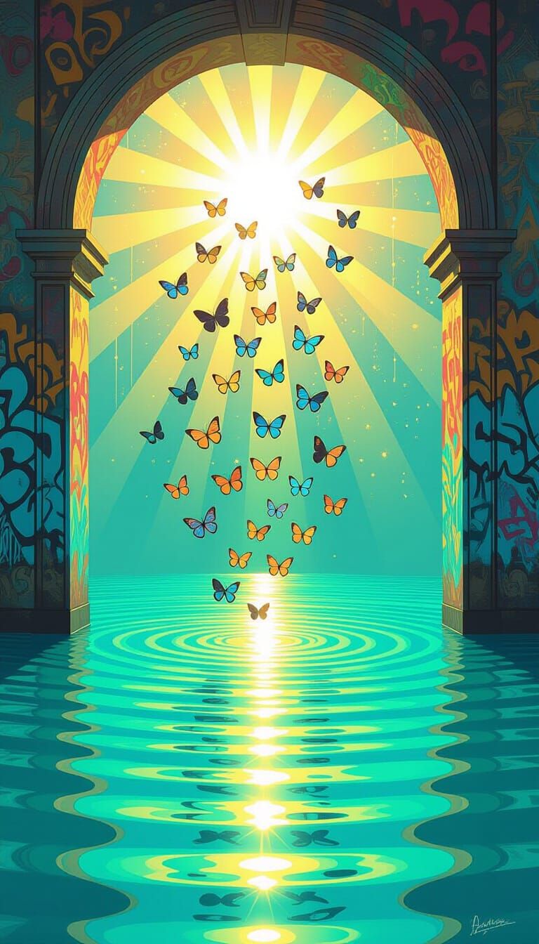Butterflies Emerge from Sunlit Portal in Graffiti Style